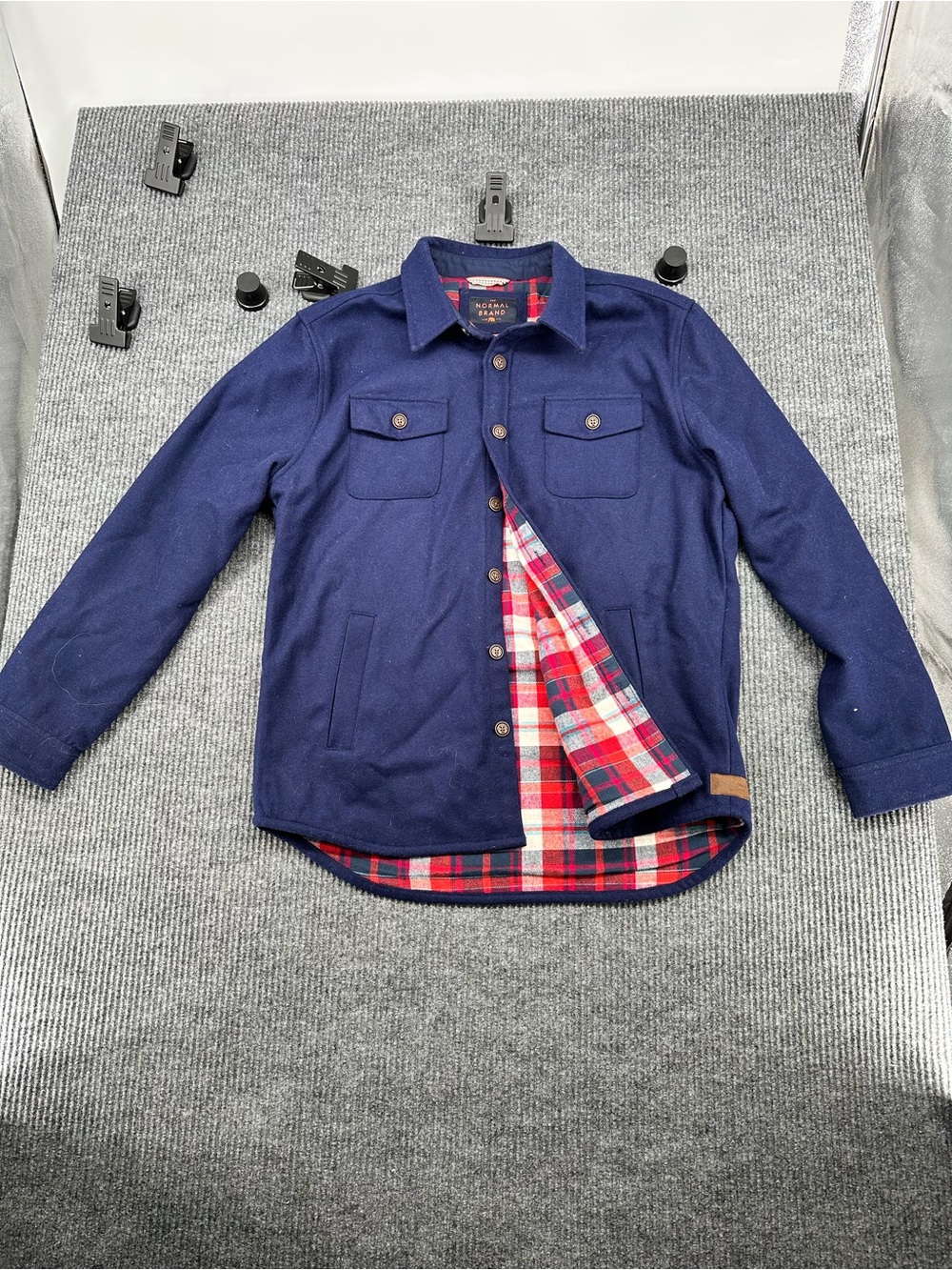 The Normal Brand Navy Jacket with Red and Teal Plaid Lining